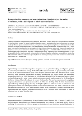 Sponge-Dwelling Snapping Shrimps (Alpheidae: Synalpheus) of Barbados, West Indies, with a Description of a New Eusocial Species