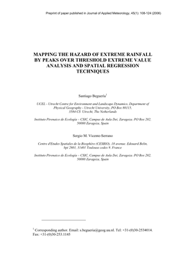 Mapping the Hazard of Extreme Rainfall by Peaks Over Threshold Extreme Value Analysis and Spatial Regression Techniques