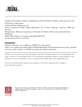 Program Development Issues in Nonprofit and Civil Society Studies: Learning from One University's Experience Author(S): Max Stephenson Jr