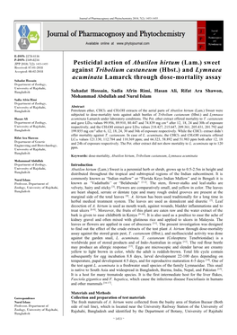 Pesticidal Action of Abutilon Hirtum (Lam.) Sweet Against Tribolium Castaneum (Hbst.) and Lymnaea Acuminata Lamarck Through Dose