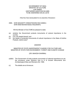 Government of India Ministry of Culture Lok Sabha Unstarred Question No.4985 to Be Answered on 26.3.2018