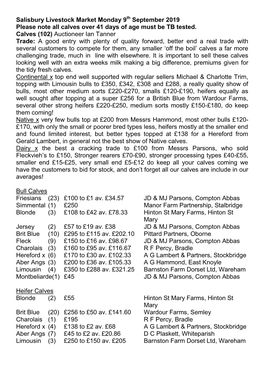 Salisbury Livestock Market Monday 9Th September 2019 Please Note All Calves Over 41 Days of Age Must Be TB Tested