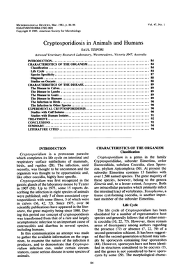 Cryptosporidiosis in Animals and Humans SAUL TZIPORI Attwood Veterinary Research Laboratory, Westmeadows, Victoria 3047, Australia