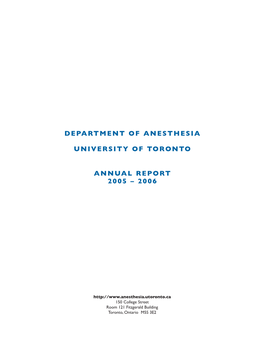 Department of Anesthesia University of Toronto Annual Report 2005