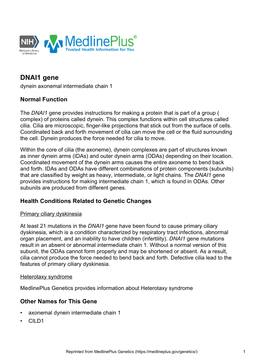 DNAI1 Gene Dynein Axonemal Intermediate Chain 1