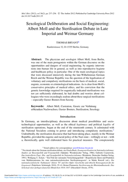 Sexological Deliberation and Social Engineering: Albert Moll and the Sterilisation Debate in Late Imperial and Weimar Germany