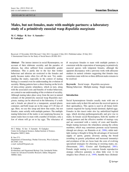 A Laboratory Study of a Primitively Eusocial Wasp Ropalidia Marginata