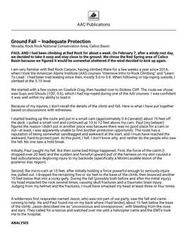 Ground Fall – Inadequate Protection Nevada, Rock Rock National Conservation Area, Calico Basin PAUL and I Had Been Climbing at Red Rock for About a Week
