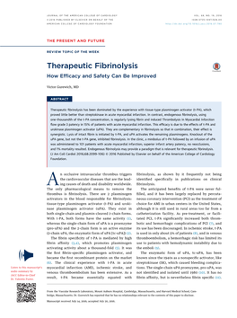 Therapeutic Fibrinolysis How Efﬁcacy and Safety Can Be Improved