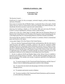 ETHIOPIA in SOMALIA – 2006 SC Resolution 1725 6 December 2006