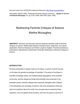 Redirecting Feminist Critiques of Science Martha Mccaughey