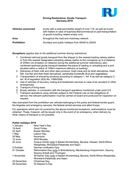 Driving Restrictions, Goods Transport Germany 2019 Vehicles Concerned Trucks with a Total Permissible Weight of Over 7.5T, As We