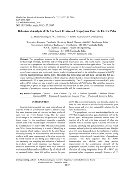 Behavioural Analysis of Fly Ash Based Prestressed Geopolymer Concrete Electric Poles