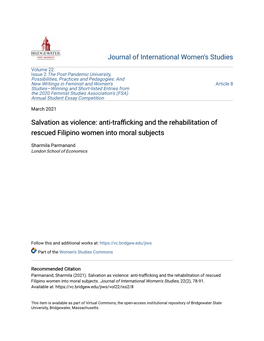 Salvation As Violence: Anti-Trafficking and the Rehabilitation of Rescued Filipino Women Into Moral Subjects