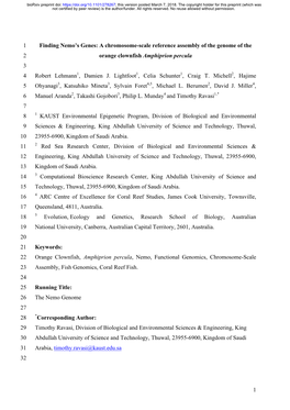 A Chromosome-Scale Reference Assembly of the Genome of the 2 Orange Clownfish Amphiprion Percula 3 4 Robert Lehmann1, Damien J
