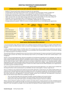 2020 FULL YEAR RESULTS ANNOUNCEMENT 2 March 2021 STRONG RECOVERY in H2 with RECORD MARGIN and EXCELLENT CASH CONVERSION