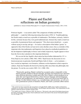 Påˆini and Euclid: Reflections on Indian Geometry* (Published In: Journal of Indian Philosophy 29 (1-2; Ingalls Commemoration Volume), 2001, 43-80)