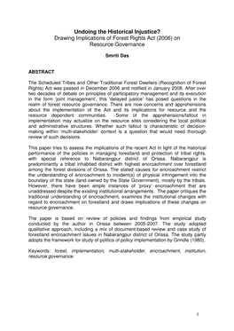 Undoing the Historical Injustice? Drawing Implications of Forest Rights Act (2006) on Resource Governance