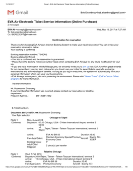 EVA Air Electronic Ticket Service Information (Online Purchase)