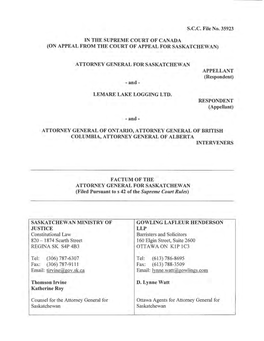 S.C.C. File No. 35923 in the SUPREME COURT of CANADA (ON APPEAL from the COURT of APPEAL for SASKATCHEWAN) a TTORNEY GENERAL