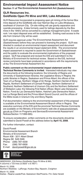 Environmental Impact Assessment Notice Section 11 of the Environmental Assessment Act (Saskatchewan) GLR Resources Inc