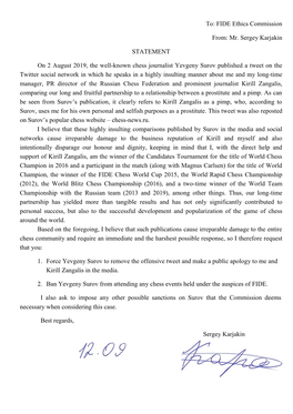 FIDE Ethics Commission From: Mr. Sergey Karjakin STATEMENT on 2