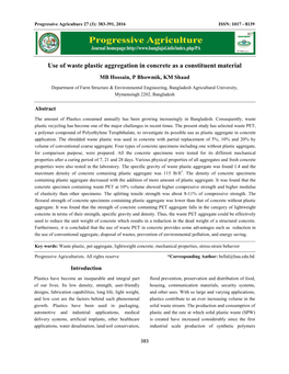 Use of Waste Plastic Aggregation in Concrete As a Constituent Material MB Hossain, P Bhowmik, KM Shaad