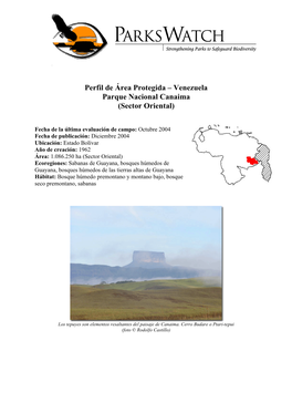 Perfil De Área Protegida – Venezuela Parque Nacional Canaima (Sector Oriental)