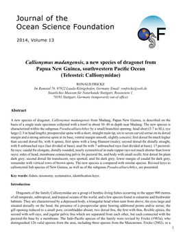 Callionymus Madangensis, a New Species of Dragonet from Papua New Guinea, Southwestern Pacific Ocean(Teleostei: Callionymidae)