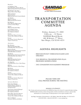 TRANSPORTATION COMMITTEE AGENDA Friday, January 17, 2003 Staff Contact: Kim Kawada (619) 595-5394 Or Kka@Sandag.Org