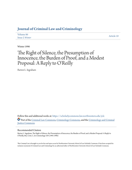 The Right of Silence, the Presumption of Innocence, the Burden of Proof, and a Modest Proposal: a Reply to O'reilly Barton L