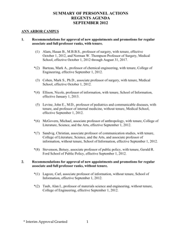 Summary of Personnel Actions Regents Agenda September 2012