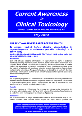 Current Awareness in Clinical Toxicology Editors: Damian Ballam Msc and Allister Vale MD