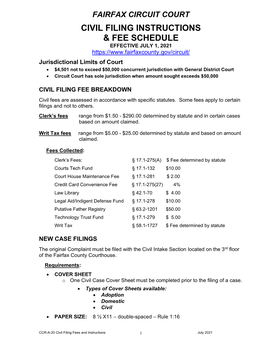 Fairfax Circuit Court Civil Filing Instructions & Fee Schedule