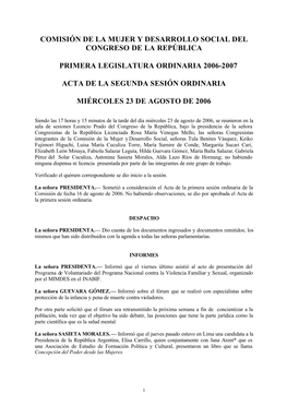 Comisión De La Mujer Y Desarrollo Social Del Congreso De La República