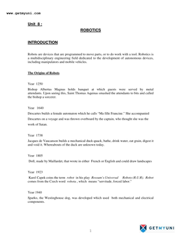 Unit 8 : ROBOTICS INTRODUCTION