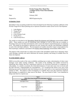 Powder/Tongue River Basin Plan Available Surface Water Determination Task 3D