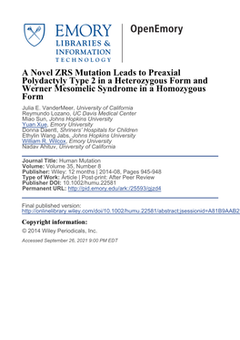 A Novel ZRS Mutation Leads to Preaxial Polydactyly Type 2 in a Heterozygous Form and Werner Mesomelic Syndrome in a Homozygous Form Julia E