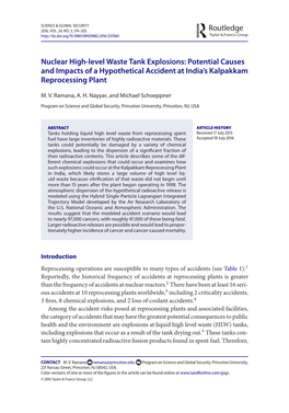 Nuclear High-Level Waste Tank Explosions: Potential Causes and Impacts of a Hypothetical Accident at India's Kalpakkam Repro