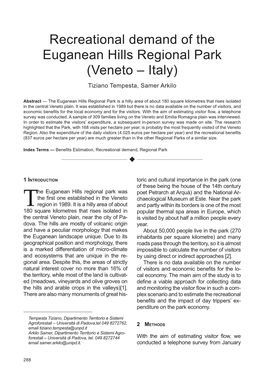 Recreational Demand of the Euganean Hills Regional Park (Veneto – Italy) Tiziano Tempesta, Samer Arkilo