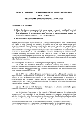 Thematic Compilation of Relevant Information Submitted by Lithuania Article 5 Uncac Preventive Anti-Corruption Policies and Practices