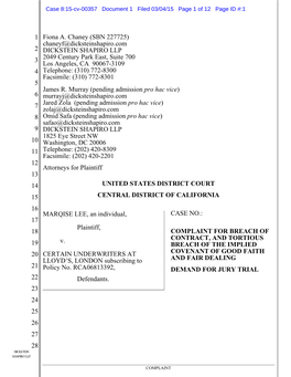 MARQISE LEE, an Individual, CASE NO.: 17 Plaintiff, 18 COMPLAINT for BREACH of CONTRACT, and TORTIOUS 19 V