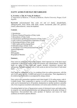 Fatty Acids in Human Metabolism - E