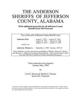THE ANDERSON SHERIFFS of JEFFERSON COUNTY, ALABAMA with Additional Materials for All Jefferson County Sheriffs from 1819 Forward