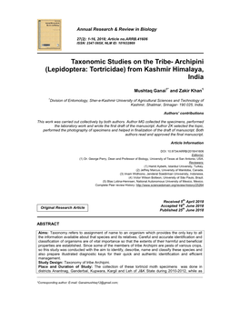 Taxonomic Studies on the Tribe- Archipini (Lepidoptera: Tortricidae) from Kashmir Himalaya, India