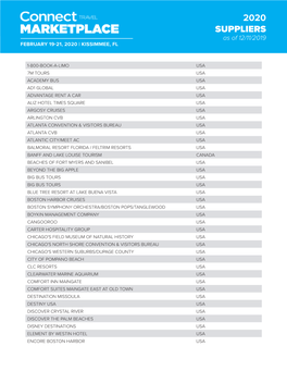 2020 SUPPLIERS As of 12/11/2019 FEBRUARY 19-21, 2020 | KISSIMMEE, FL “Connect Travel Marketplace Is Extremely Important in Promoting International Travel