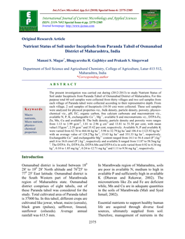 Nutrient Status of Soil Under Inceptisols from Paranda Tahsil of Osmanabad District of Maharashtra, India