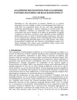 Allophone Recognition for L2 Learners: Pattern Matching Or Rule-Based Effect?