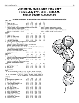 Draft Horse, Mules, Draft Pony Show Friday, July 27Th, 2018 - 9:00 A.M