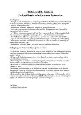 Statement of the Riigikogu on Iraqi Kurdistan Independence Referendum